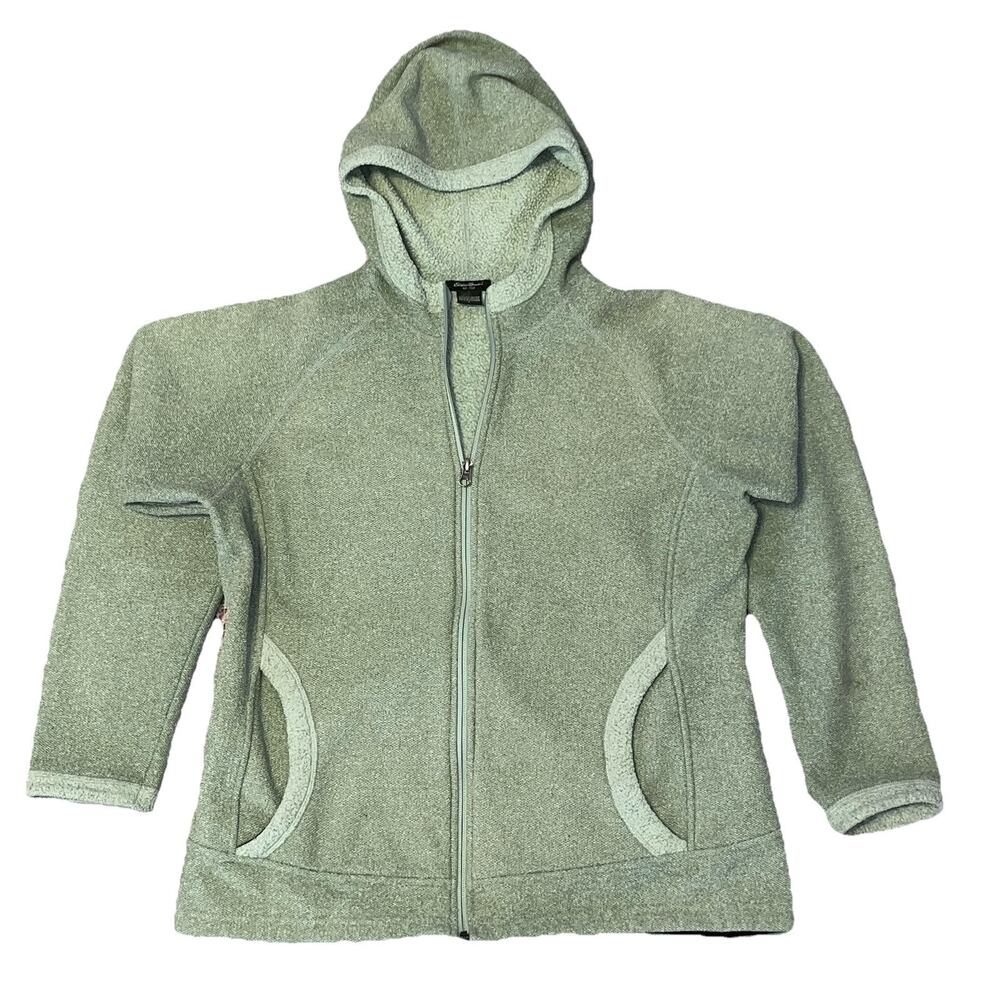 Womens Eddie Bauer Fleece Spring Jacket L Sage Green Heather Trim Zip Hood